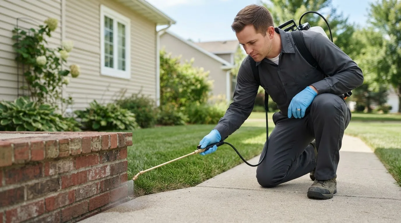 Pest control technician treating a home near Independence, OH