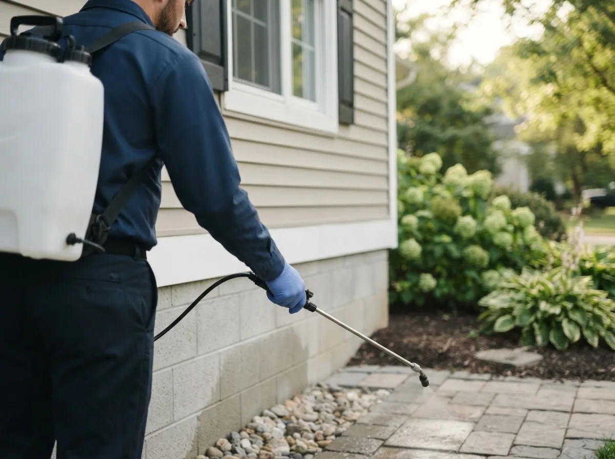 Pest control technician inspecting a home in Independence, OH